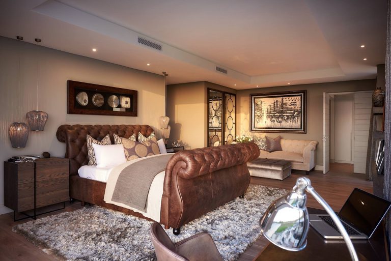 Leather Sleigh Bed in Main Bedroom